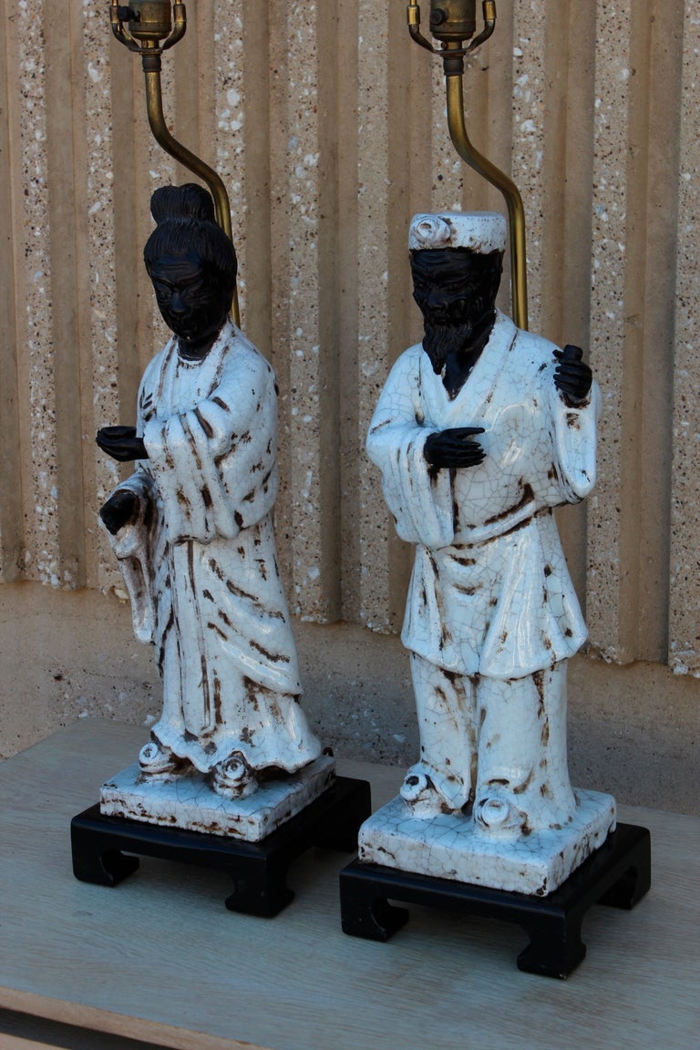 Italian Pair of Large Asian Ceramic Lamps by Fantoni