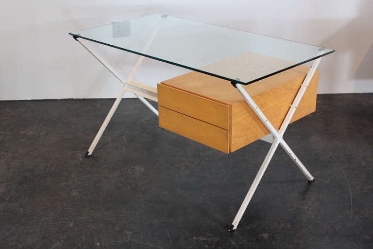 Early and rare desk designed by Franco Albini for Knoll, 1949. This example with X-cross beam and maple case.