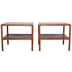 Pair of Oak and Leather Tables by Ward Bennett