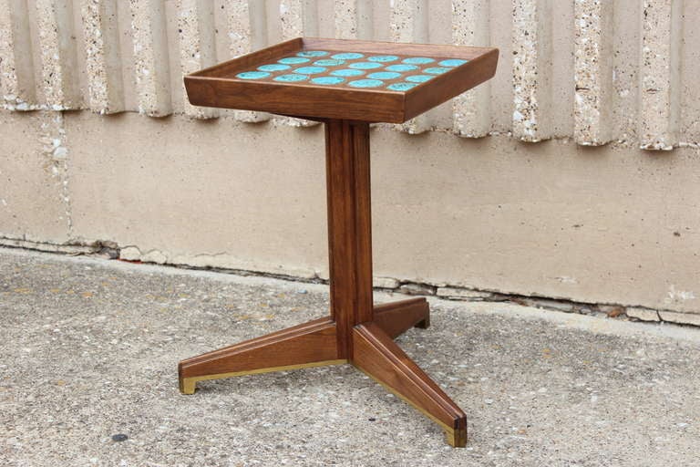 Rare Janus side table with 25 inset tiles by Otto and Gertrud Natzler. Designed by Edward Wormley for Dunbar.