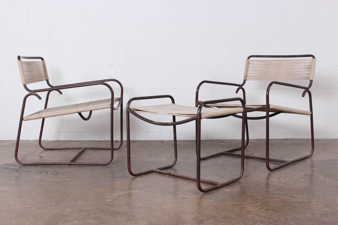 Mid-20th Century Pair of Bronze Lounge Chairs and Ottoman by Walter Lamb
