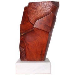 Large Abstract Wood Sculpture on Marble Base