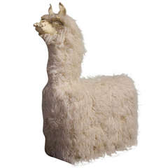 Llama Chair with Ceramic Face and Flokati Covered Body