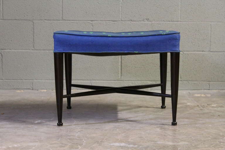 A classic Thebes stool in mahogany with original fabric. Designed by Edward Wormley for Dunbar.