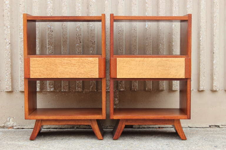 Pair of mahogany & birdseye maple nightstands designed by Eliel Saarinen for RWay.