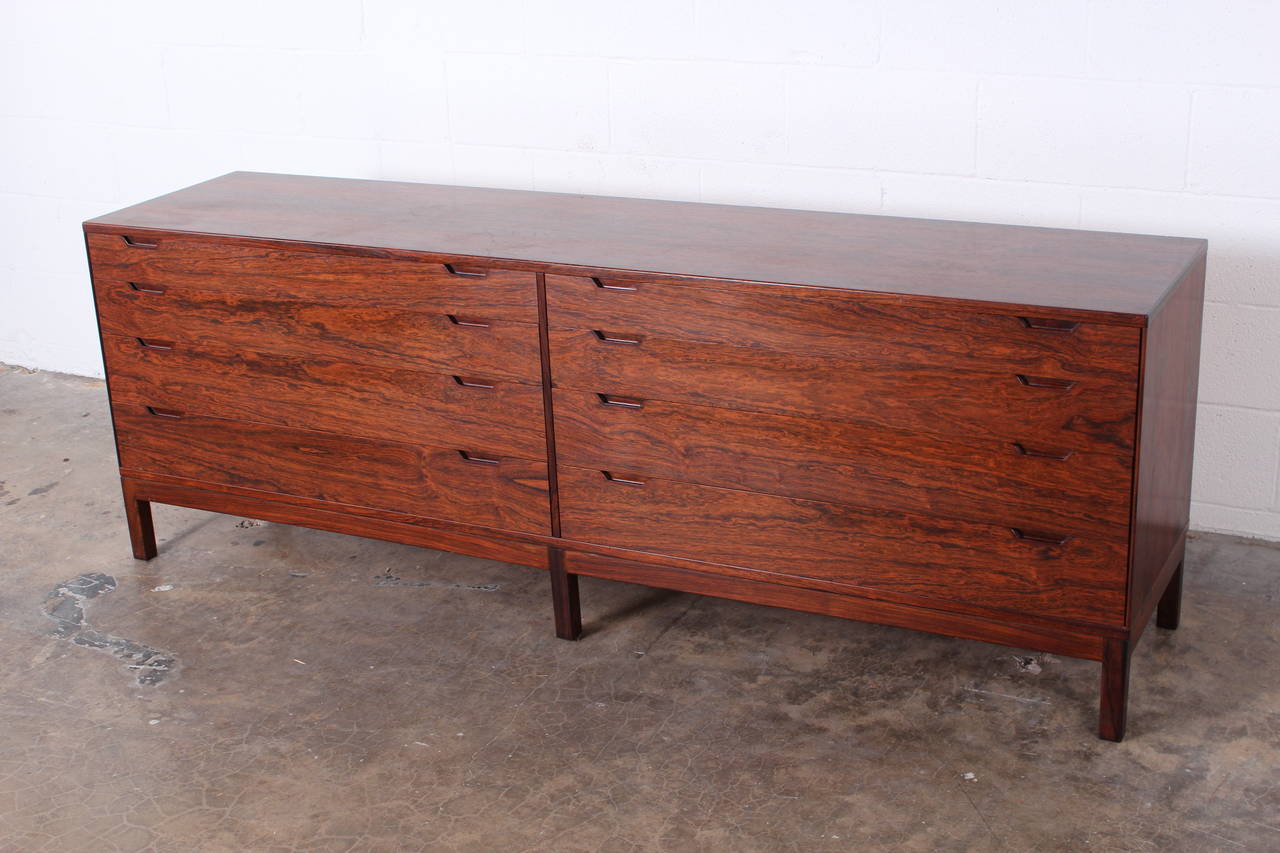 A beautifully grained and finely detailed rosewood chest of drawers by Svend Langkilde.