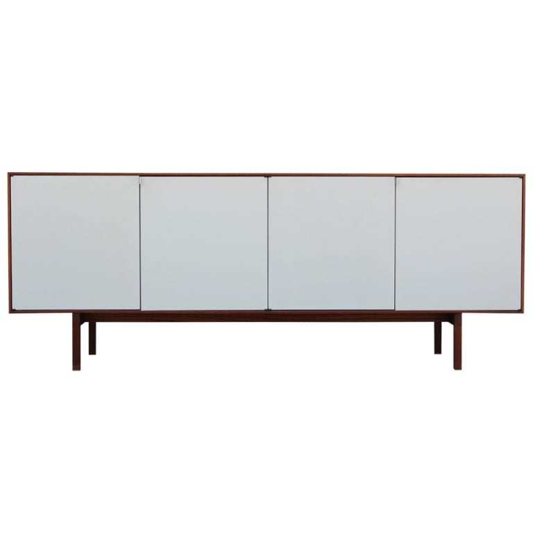 Walnut Credenza with White Doors by Florence Knoll at 1stDibs