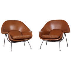 Pair of Early Womb Chairs by Eero Saarinen in Original Leather