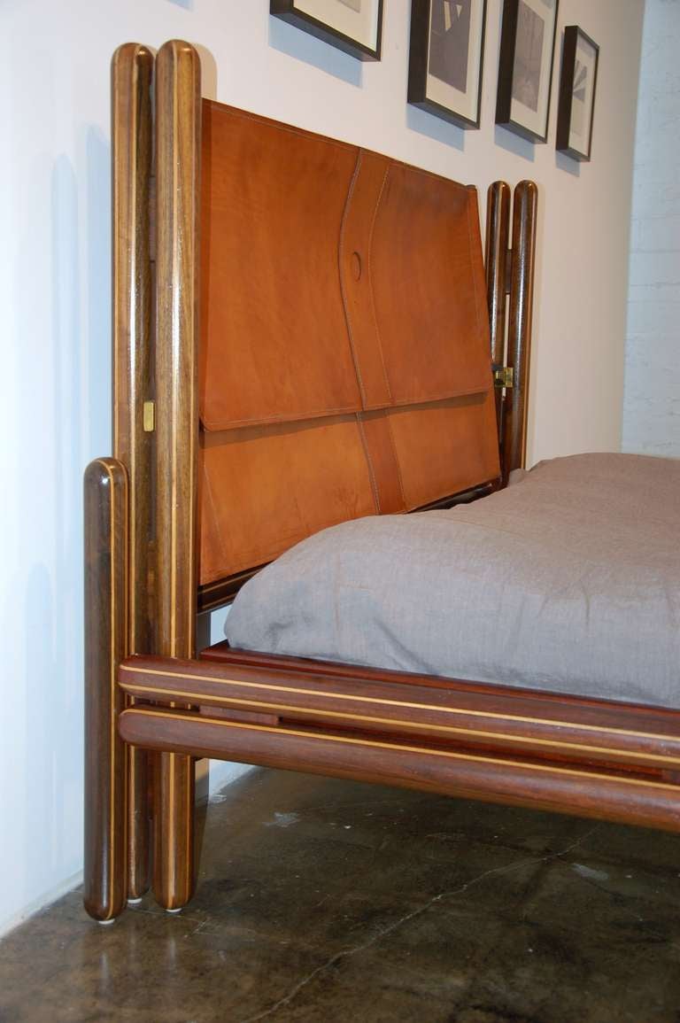 Late 20th Century Original rosewood, maple & leather queen bed by Carlo Scarpa for Simon-Gavina