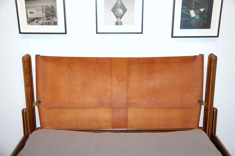 Italian Original rosewood, maple & leather queen bed by Carlo Scarpa for Simon-Gavina