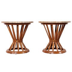Pair of Travertine Top Sheaf of Wheat Tables by Dunbar