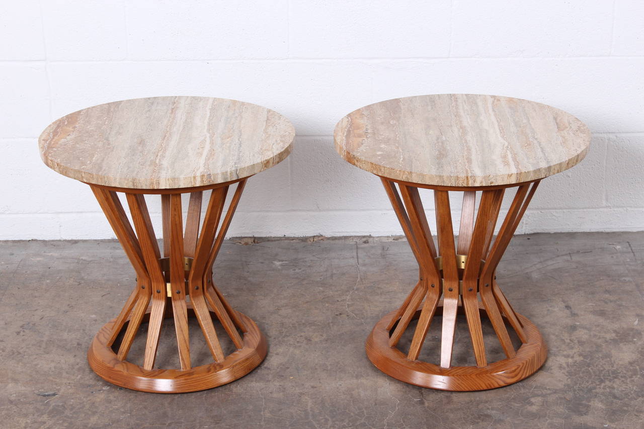 Pair of Travertine Top Sheaf of Wheat Tables by Dunbar In Excellent Condition In Dallas, TX