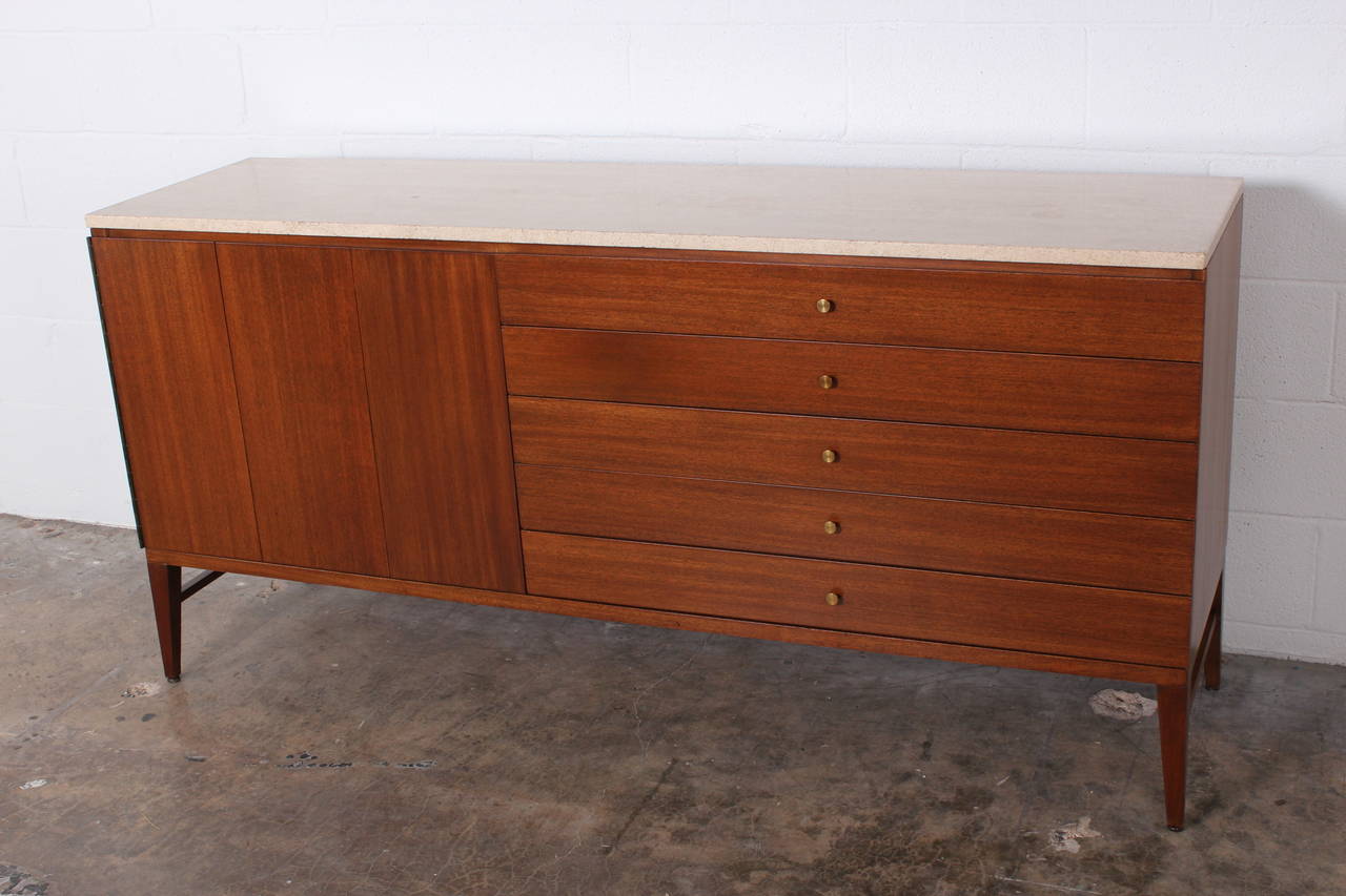 Mahogany Credenza by Paul McCobb with Travertine Top In Good Condition In Dallas, TX
