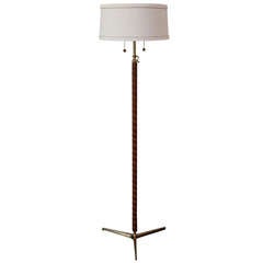 Leather and Brass Floor Lamp attributed to Jacques Adnet