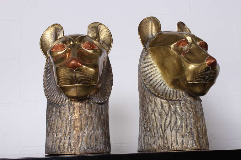 Late 20th Century Pair of Bronze Tiger Heads by Rudolph