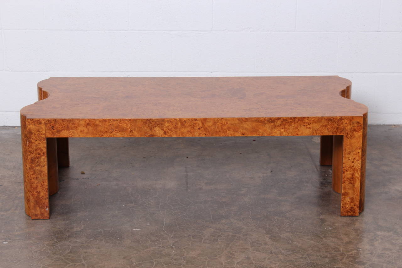 A beautifully detailed burl coffee table in the style of Samuel Marx.