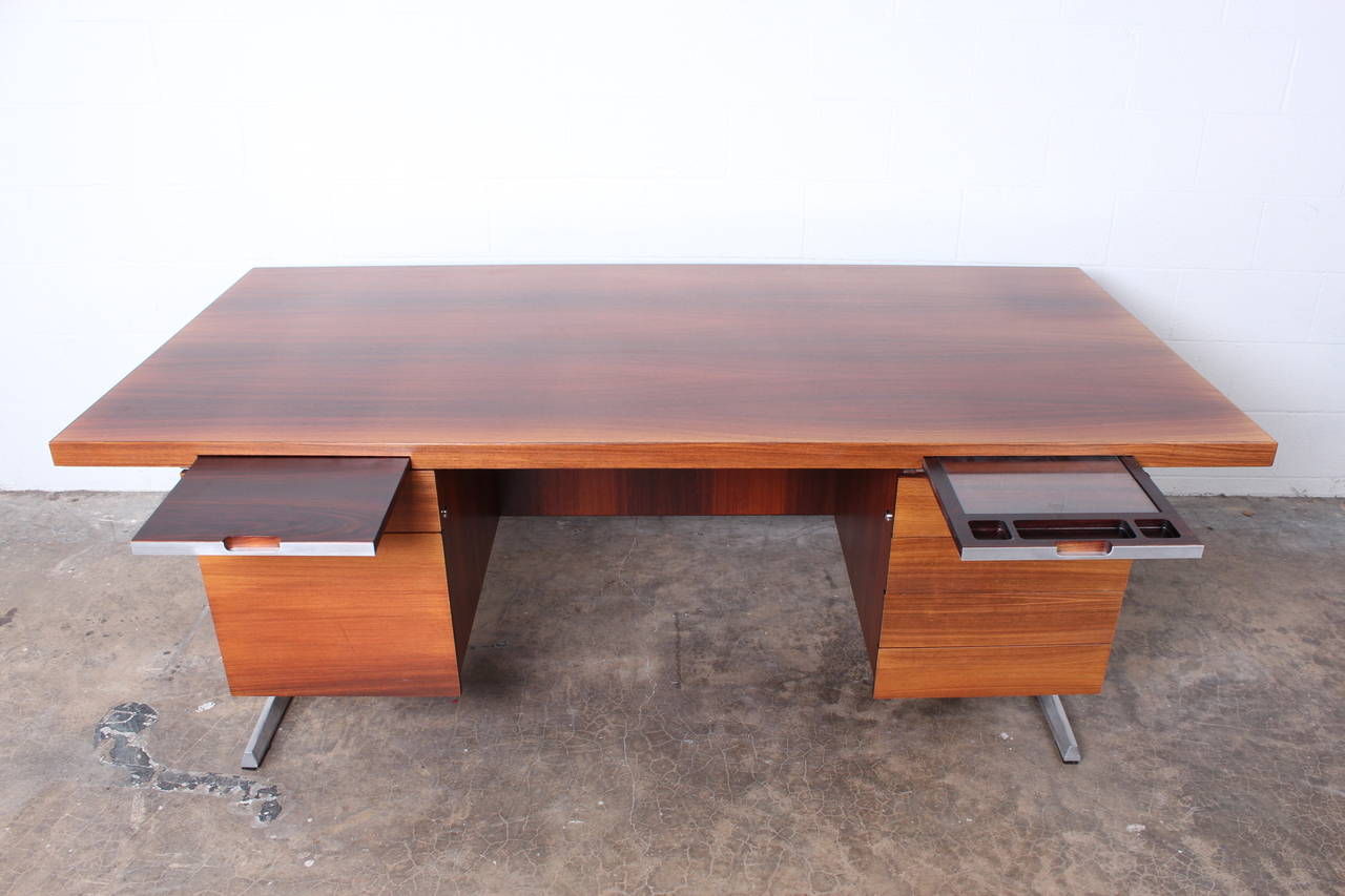 Cantilevered Rosewood Desk and Credenza In Fair Condition In Dallas, TX