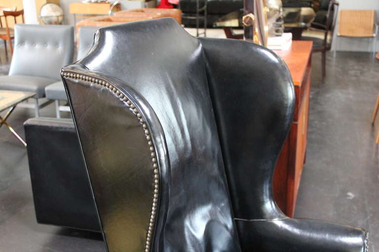 Beautifully Patinated Leather Wingback Chair and Ottoman 1