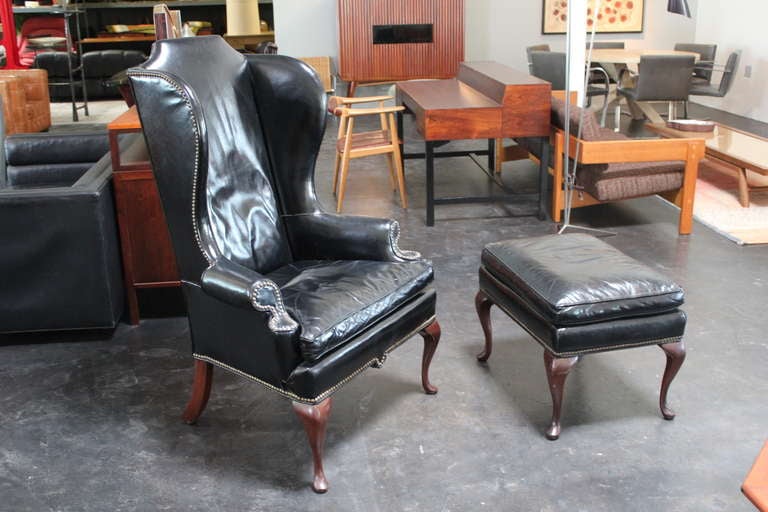 Beautifully Patinated Leather Wingback Chair and Ottoman 2