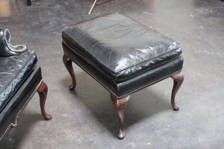 Beautifully Patinated Leather Wingback Chair and Ottoman 3