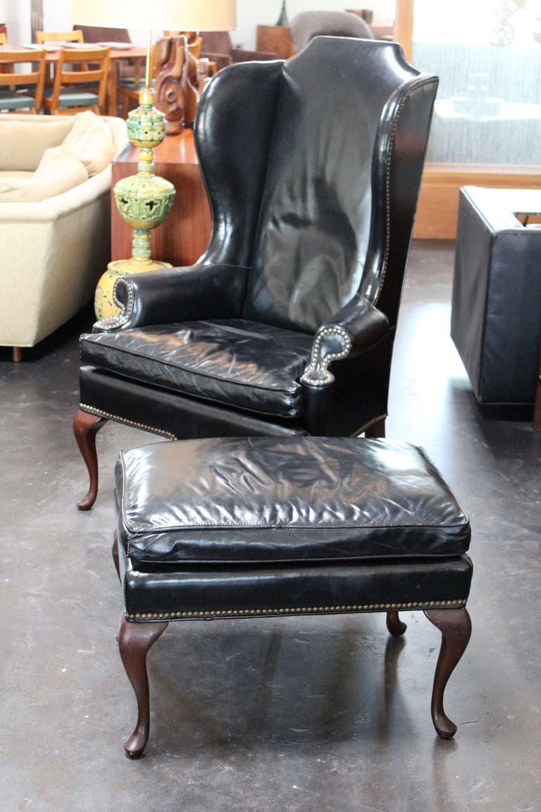 Beautifully Patinated Leather Wingback Chair and Ottoman 4