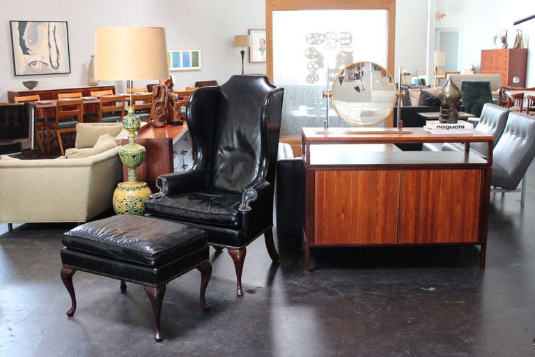 Beautifully Patinated Leather Wingback Chair and Ottoman 5