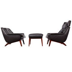 Pair of Leather Lounge Chairs and Ottoman by Illum Wikkelso