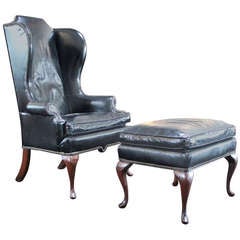 Beautifully Patinated Leather Wingback Chair and Ottoman