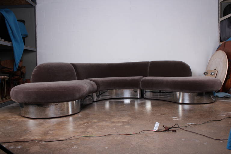 A large three-piece sectional sofa in mohair with a chrome base. Designed by Milo Baughman.