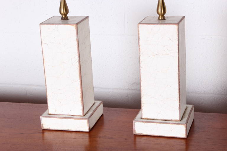 A beautiful pair of petite terra cotta lamps with crackle glaze.