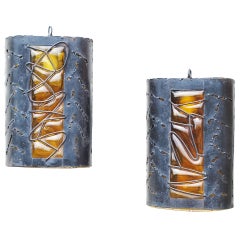 Pair of Brutalist Metal and Blown Glass Sconces