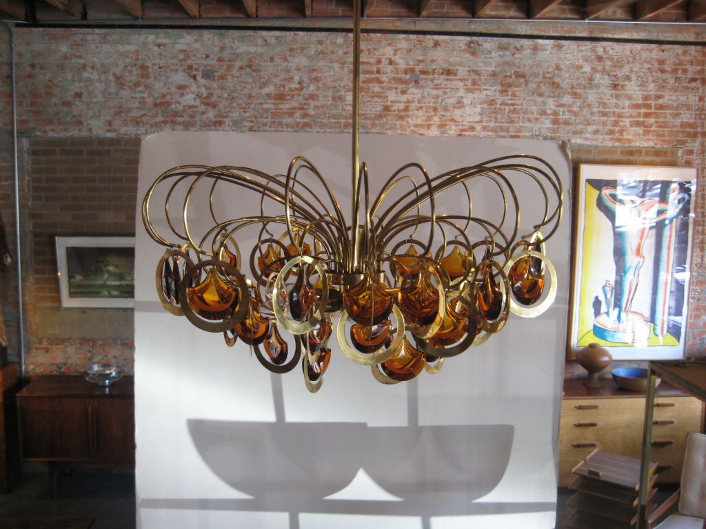 Italian brass and glass chandelier attributed to Sciolari.