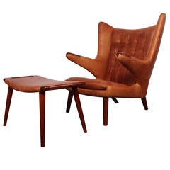 Leather Papa Bear Chair and Ottoman by Hans Wegner