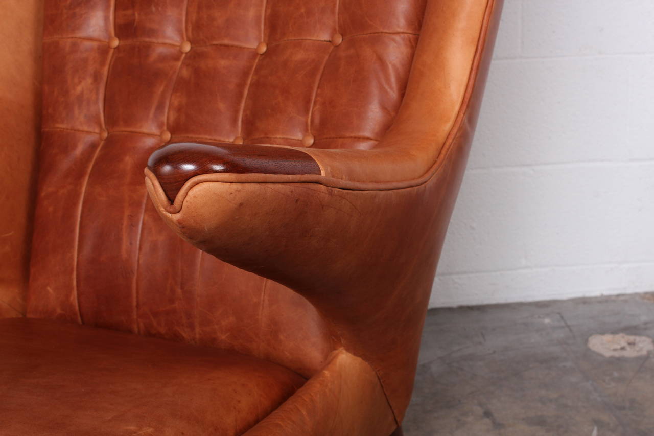 Danish Leather Papa Bear Chair and Ottoman by Hans Wegner