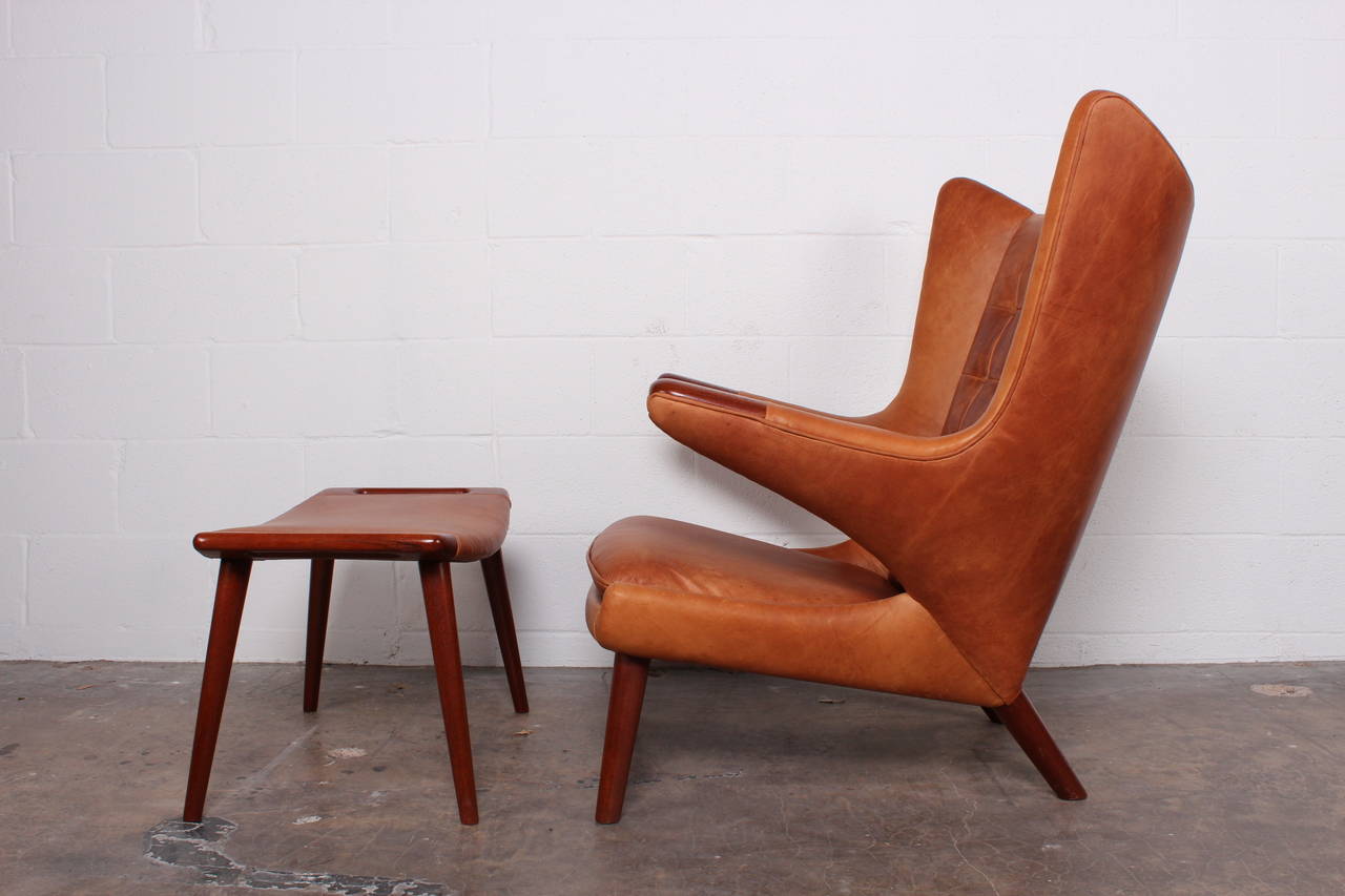 Mid-20th Century Leather Papa Bear Chair and Ottoman by Hans Wegner
