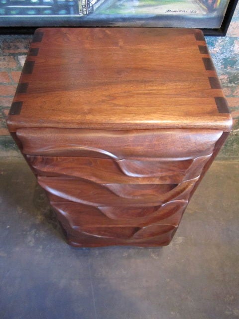 Amazingly crafted solid Black Walnut chest of drawers.  Probably Californian but artist is unknown.  In the style of Sam Maloof, Arthur Espenet Carpenter or Michael Coffey.