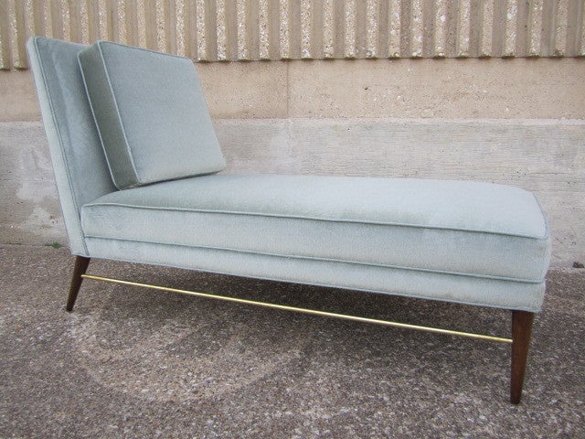 A beautifully restored chaise lounge designed by Paul McCobb for Directional. Upholstered in light blue Mohair. The cushion is mohair on one side and the cording fabric on the other.