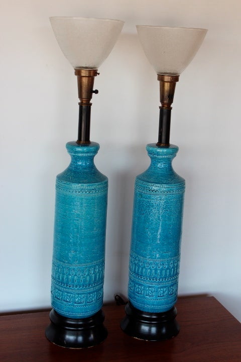 Pair of Blue Ceramic Lamps by Bitossi for Raymor 7