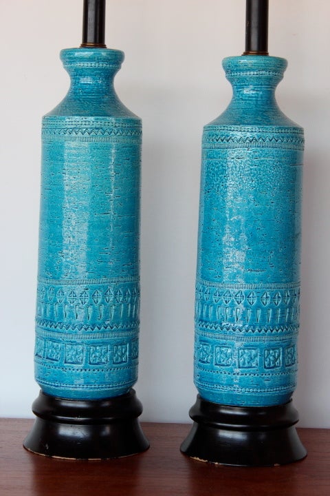 A pair of blue glazed ceramic table lamps by Bitossi for Raymor. Shades not included.