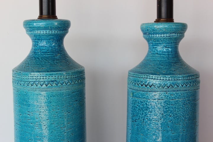 Pair of Blue Ceramic Lamps by Bitossi for Raymor 2
