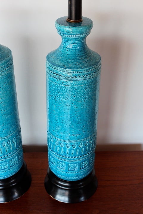 Pair of Blue Ceramic Lamps by Bitossi for Raymor 4