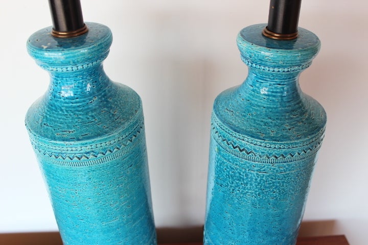 Pair of Blue Ceramic Lamps by Bitossi for Raymor 5
