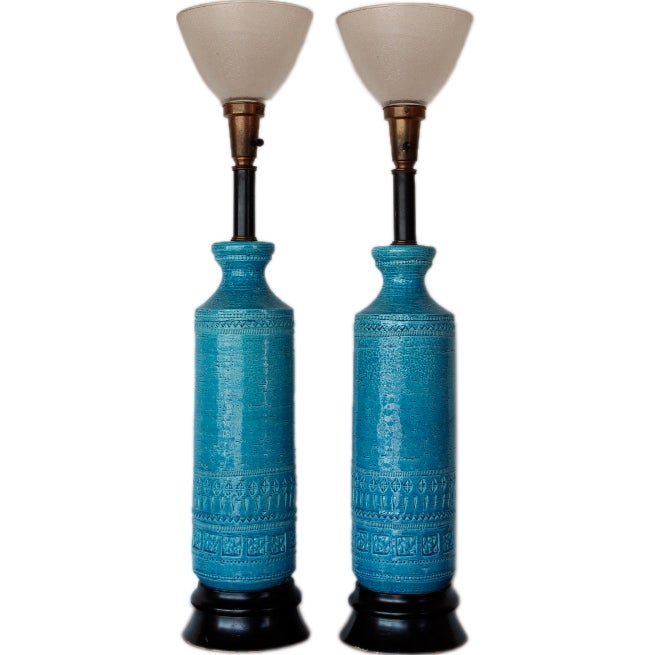 Pair of Blue Ceramic Lamps by Bitossi for Raymor