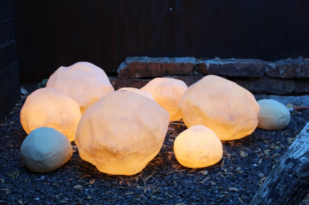 A collection of nine moon rocks lamps in varying sizes. Manufactured in the early 70's by the Italian company Singleton and distributed through Koch and Lowy. Sizes vary from 10