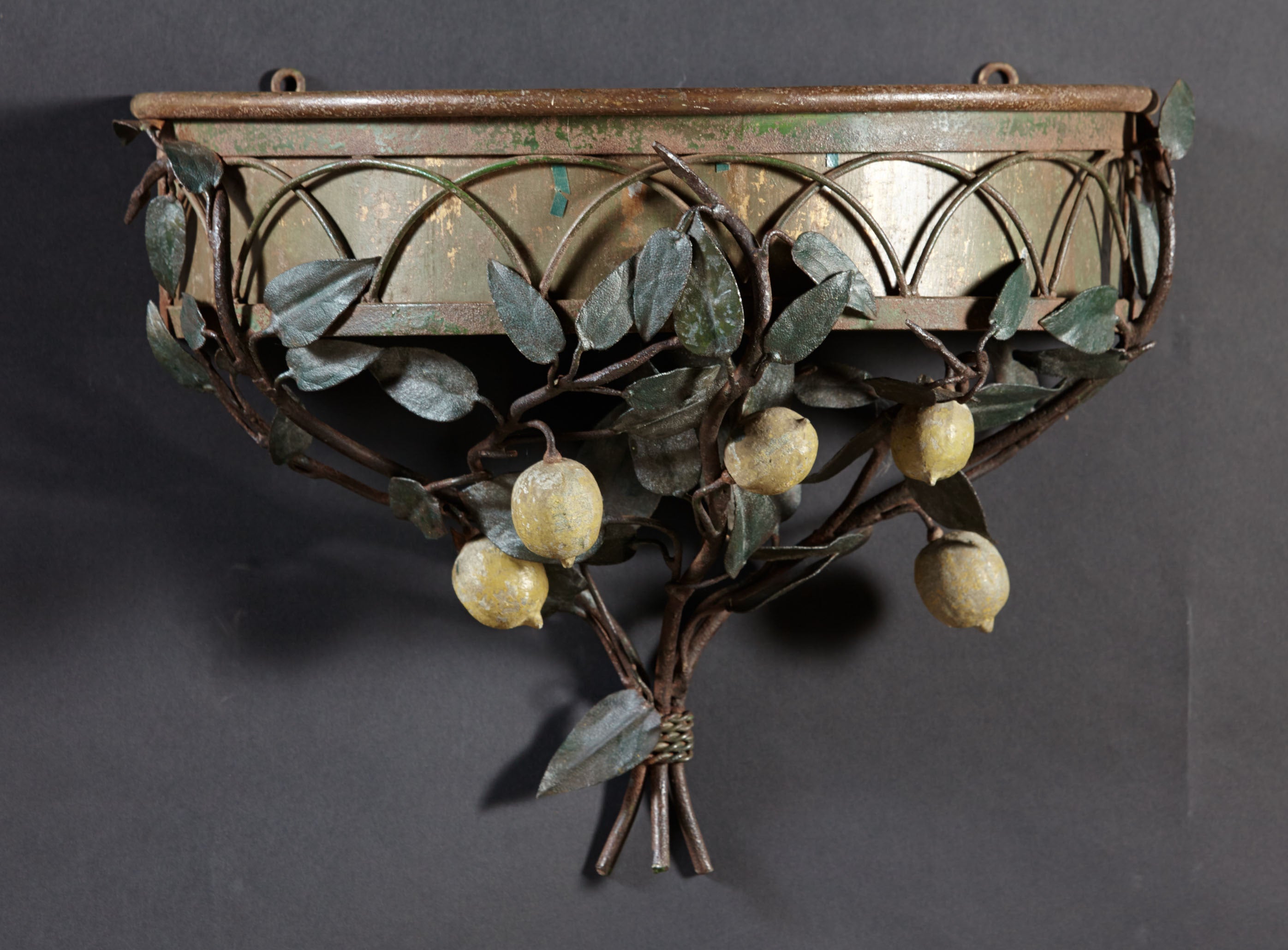 Lined Iron and Painted Lemon Tree Tole Jardiniere or Wall Pocket For Sale