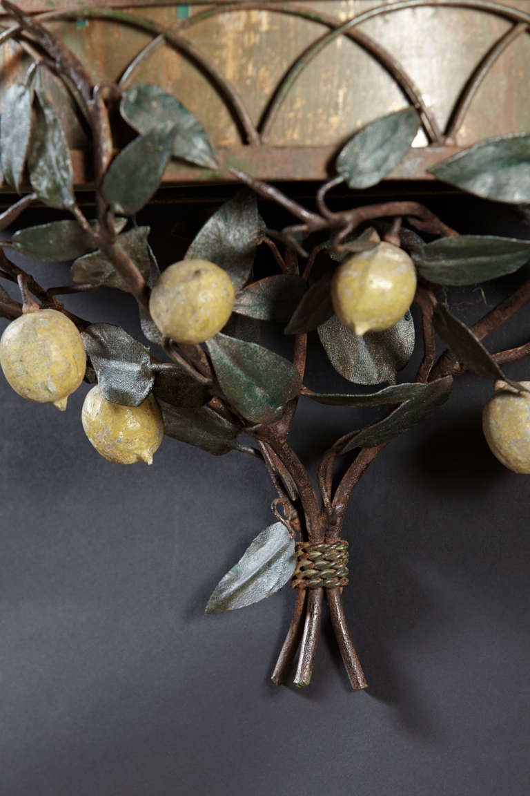 Mid-Century Modern Lined Iron and Painted Lemon Tree Tole Jardiniere or Wall Pocket For Sale