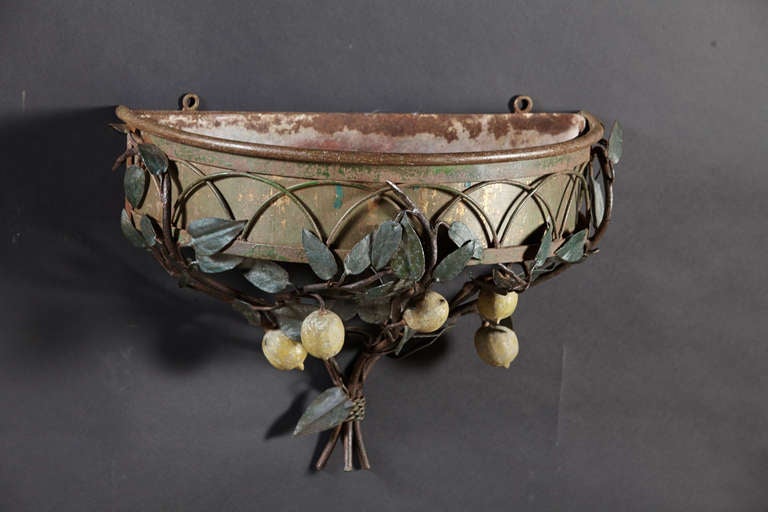 American Lined Iron and Painted Lemon Tree Tole Jardiniere or Wall Pocket For Sale