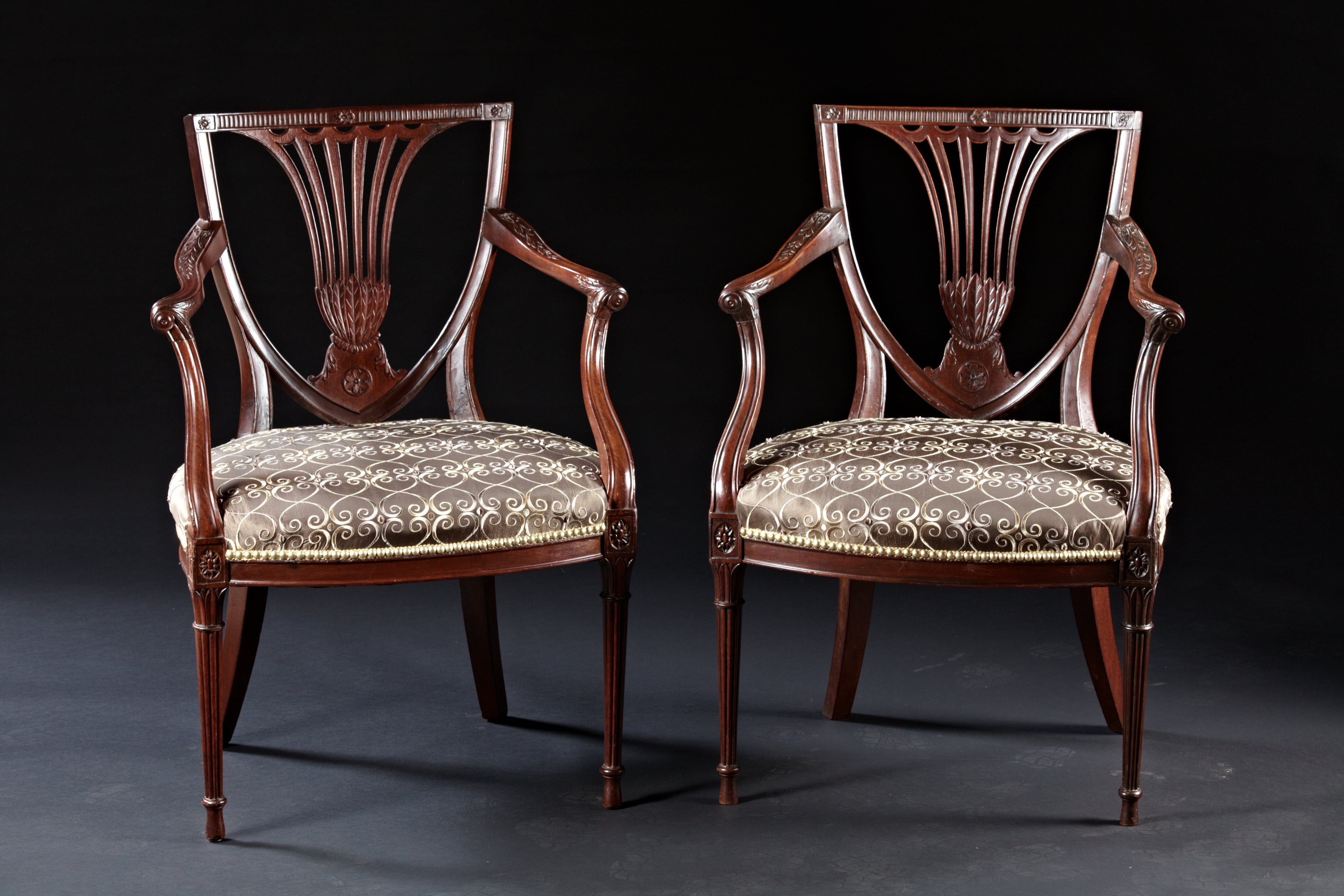 Pair of Carved Mahogany Hepplewhite Period Sheild Back Armchairs For Sale
