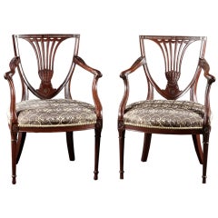 Antique Pair of Carved Mahogany Hepplewhite Period Sheild Back Armchairs