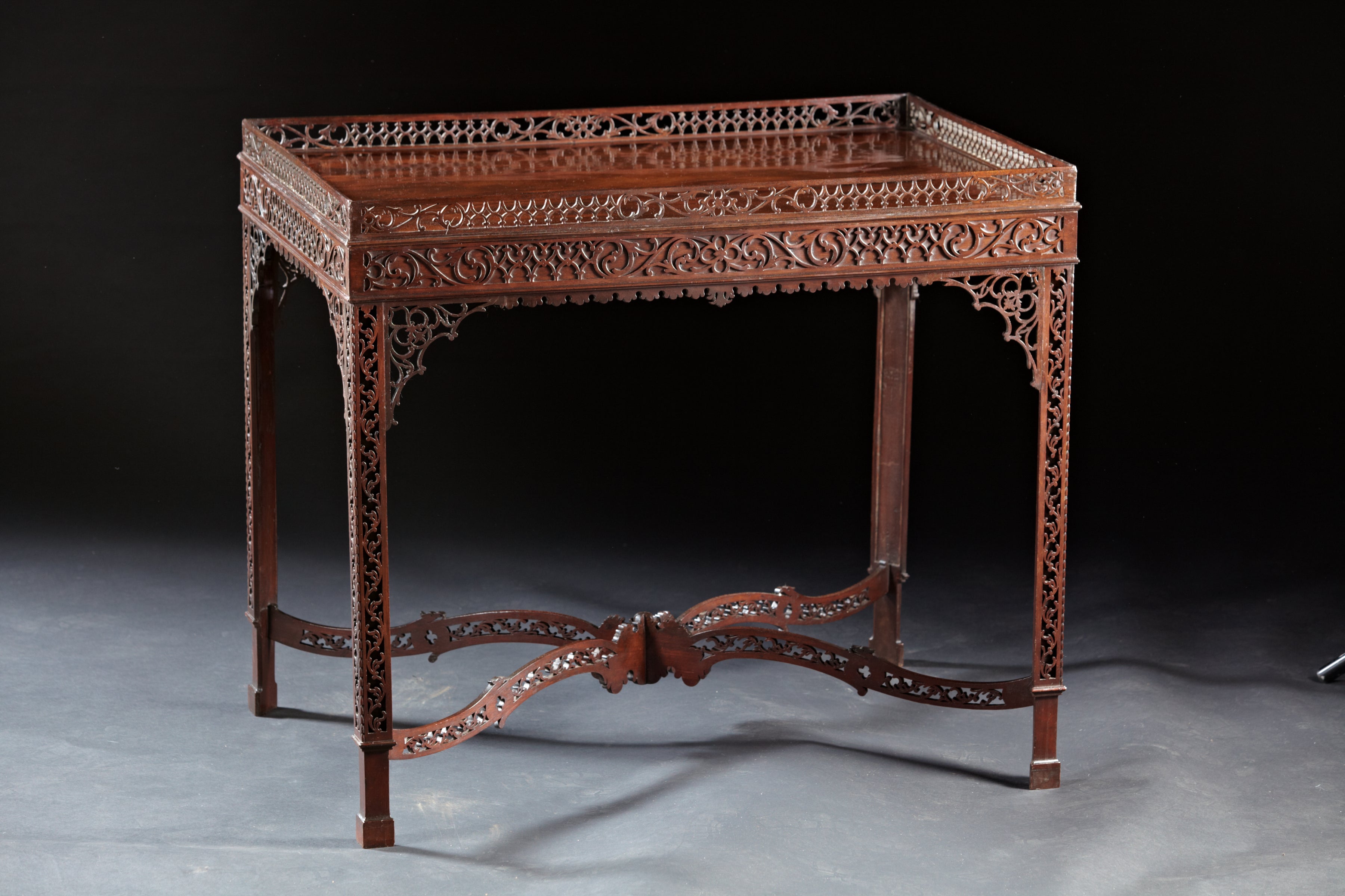 Masterpiece Chippendale Pierced Fret Carved Mahogany Tea Table